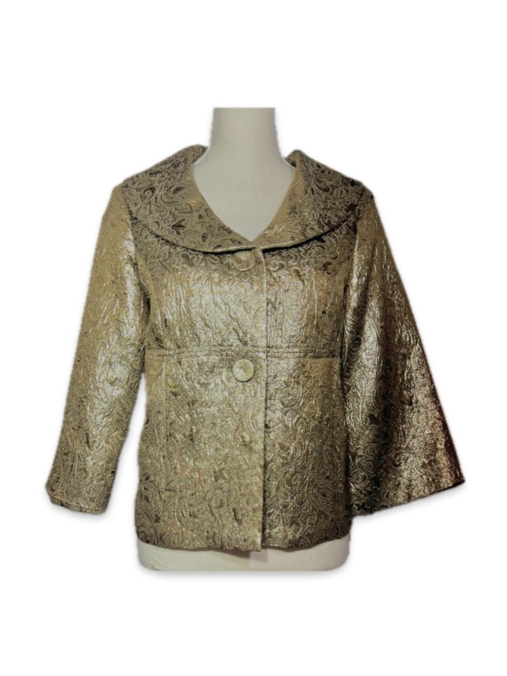 Elementz Gold Metallic Brocade Jacket Empire Waist Lined 3/4 Sleeve Size M
